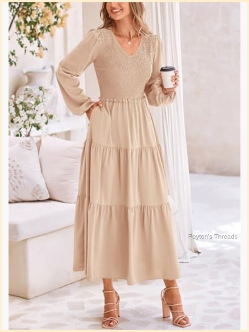 Fall Long Sleeve V Neck Smocked A Line Maxi Dress Wedding Guest - Picture 4 of 7